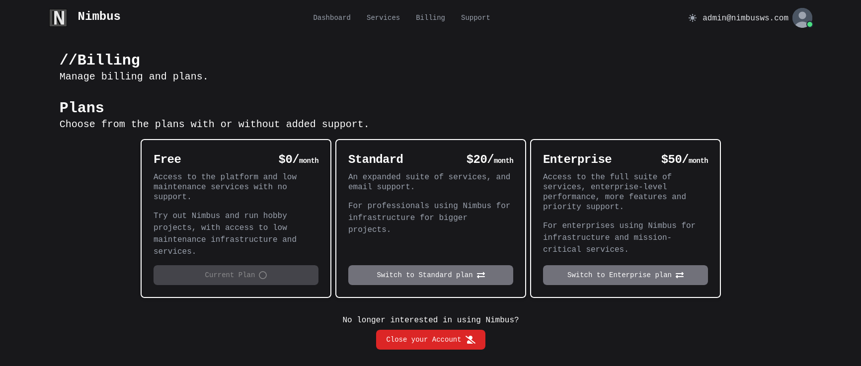 Screenshot of the Nimbus Web Services Service Menu page