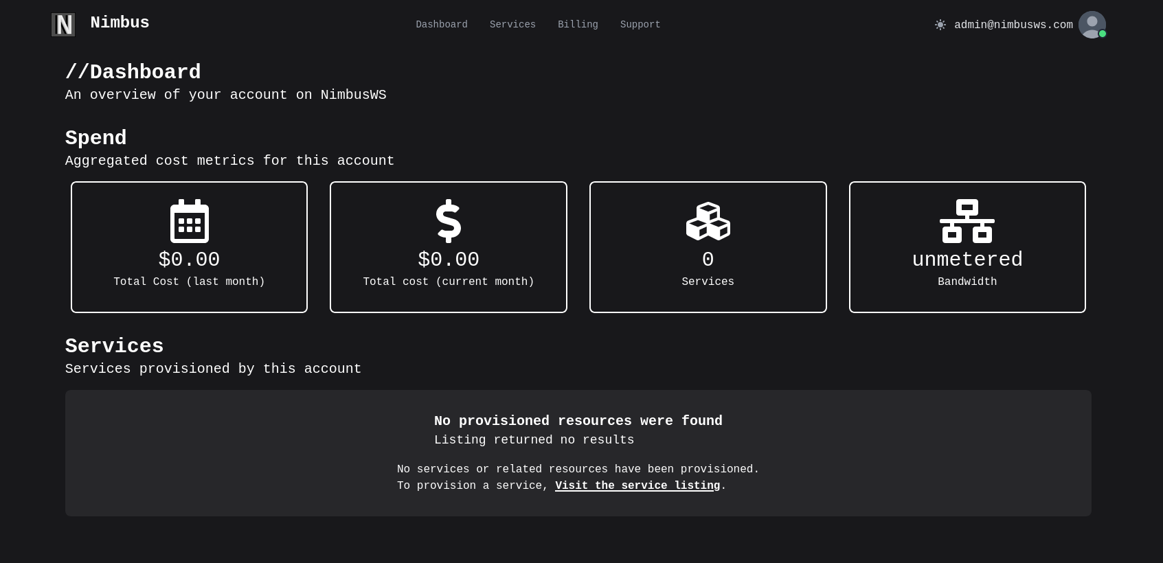 Screenshot of the Nimbus Web Services Dashboard