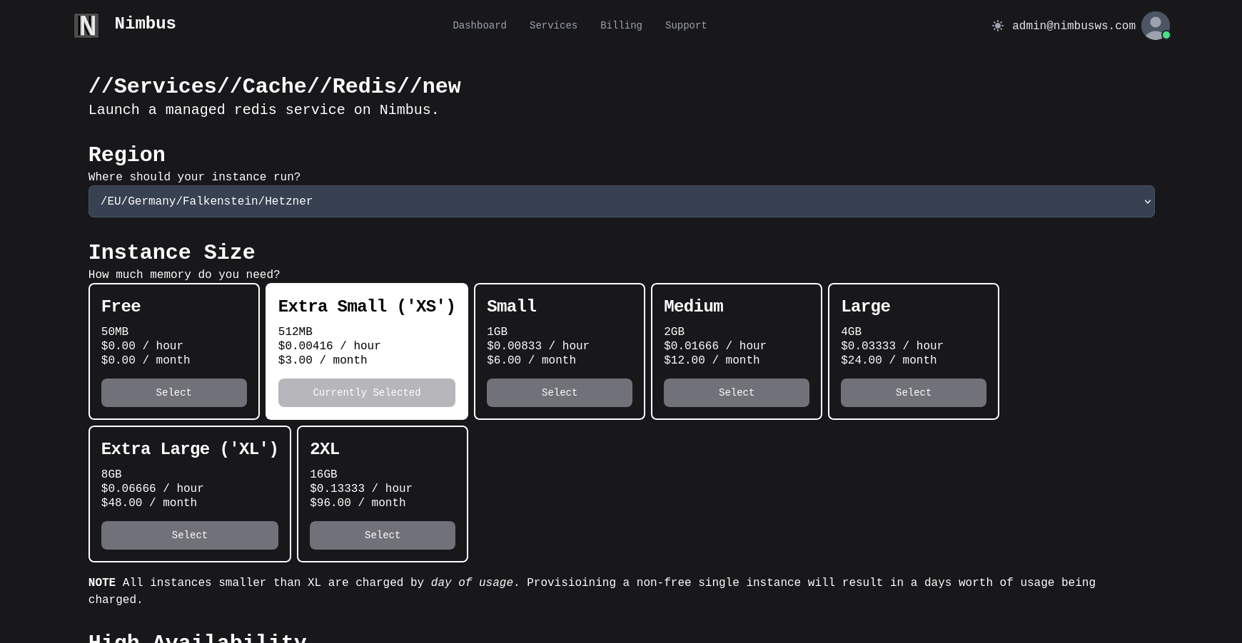 Screen shot of Instance options select for Cache Service (Redis)