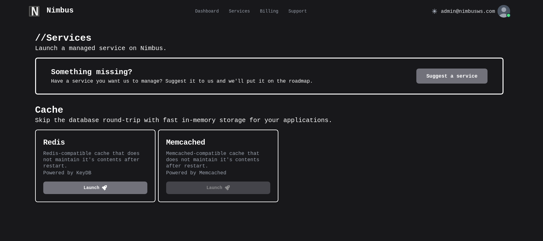 Screenshot of the Nimbus Web Services Service Menu page