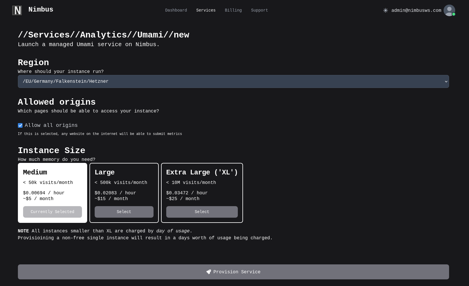 Screenshot of Instance options select for Cache Service (Redis)